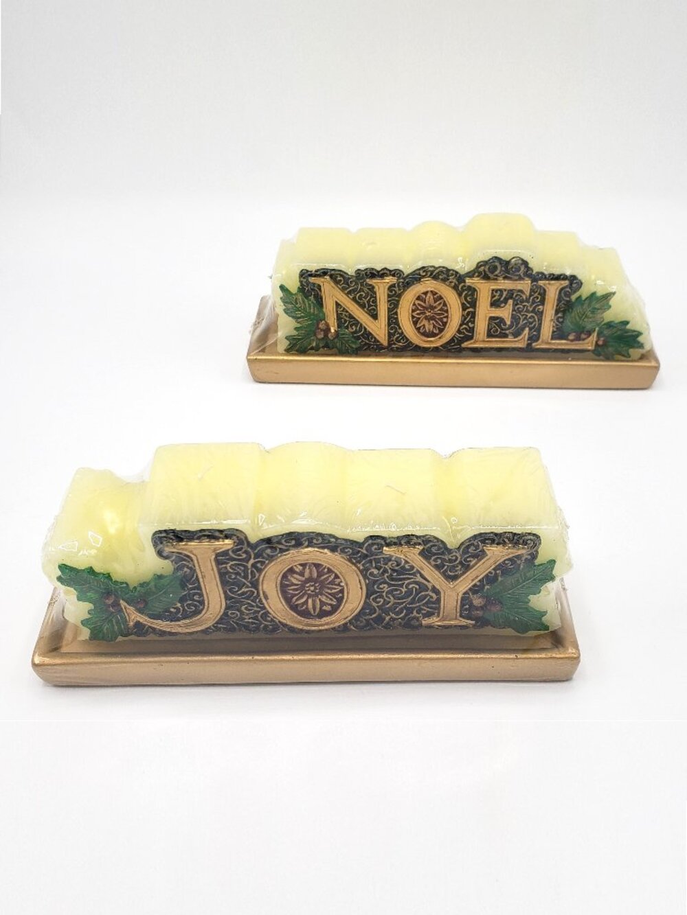 Christmas Word Candles JOY and NOEL Double Wick on Ceramic Holders Beacon SEALED